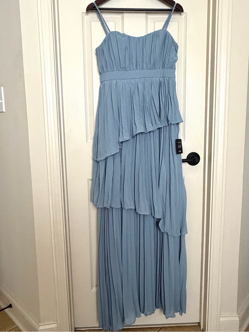 Lulus Jehona Dusty Blue Pleated Tiered Maxi Dress